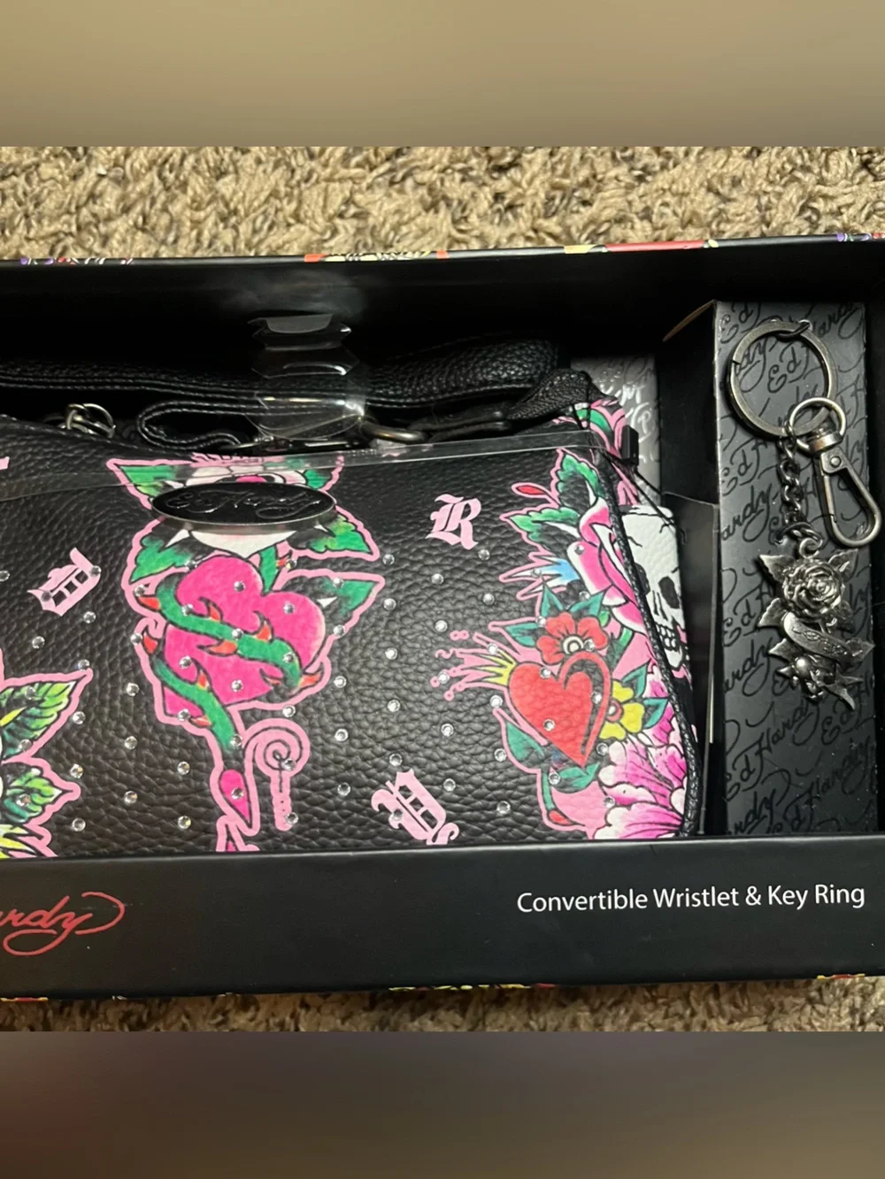 Ed Hardy Black Wristlet and keychain with Pink & Green Tattoo Floral Print